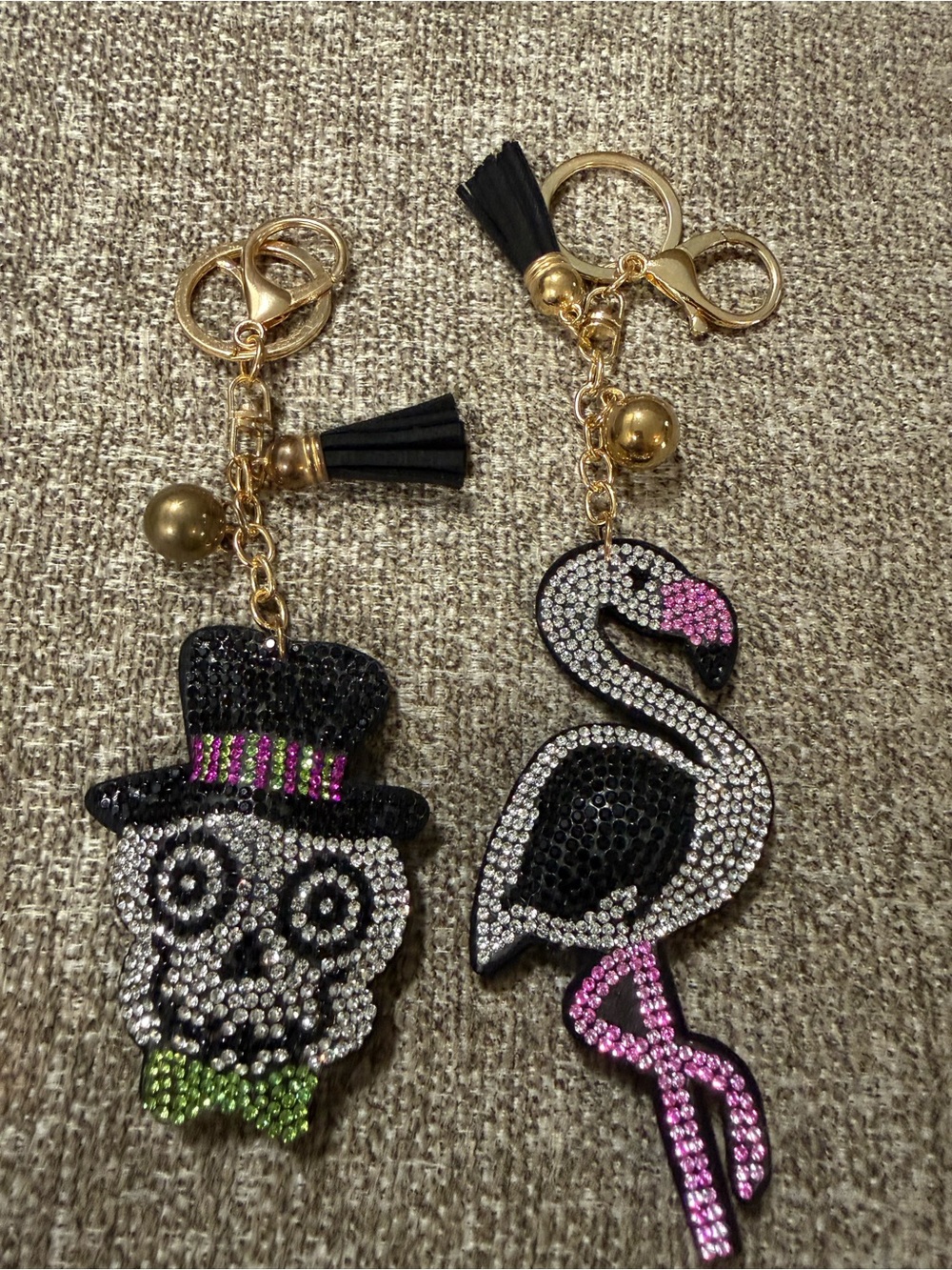 Rhinestone Skull and Flamingo Keychain Set